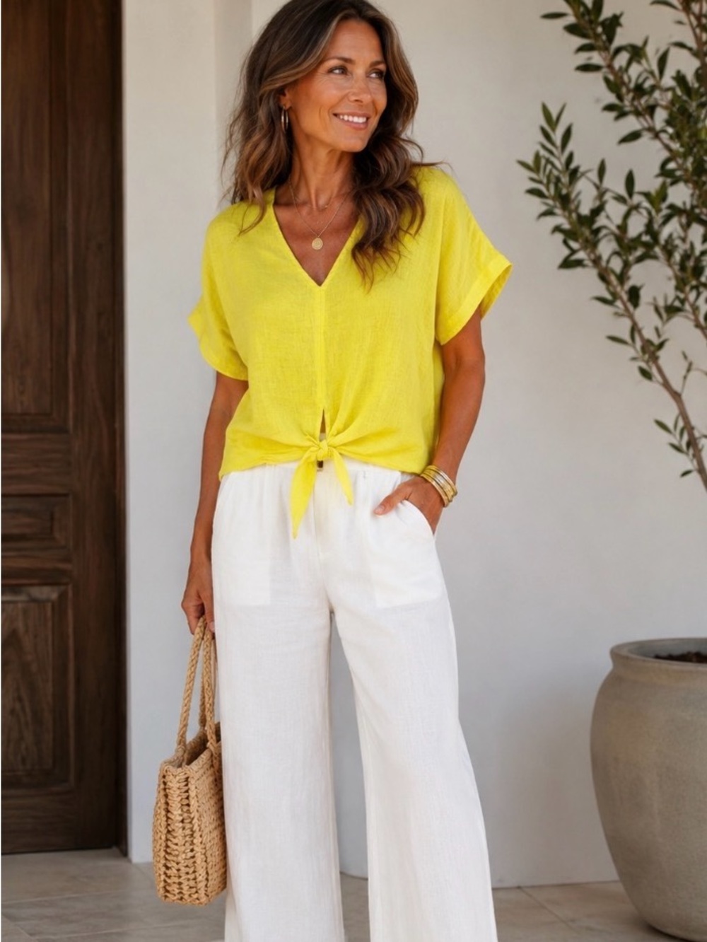 Sunny Yellow V-Neck Linen Blouse
